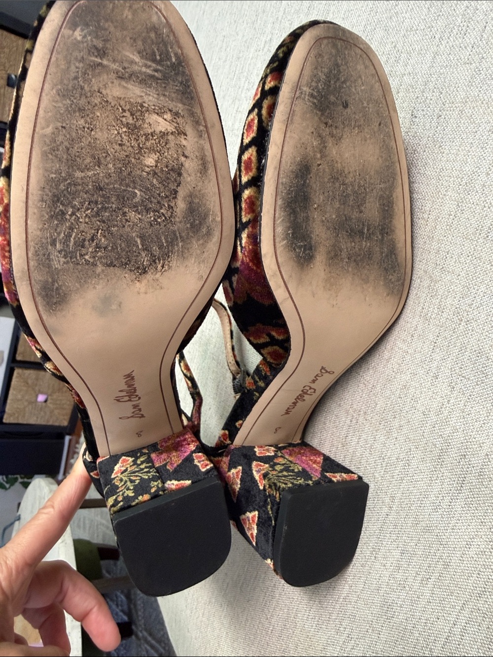 Sam Edelman Black Velvet Floral Ankle-Strap Block Heels - Picture 6 of 9